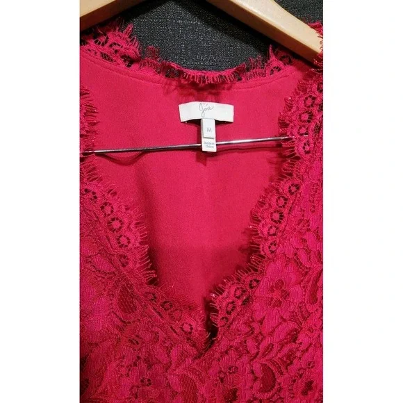 Joie Red Pink Lace Short Sleeve Blouse V-Neck Elegant‎ Flowy Date Occasion EUC - Picture 4 of 8